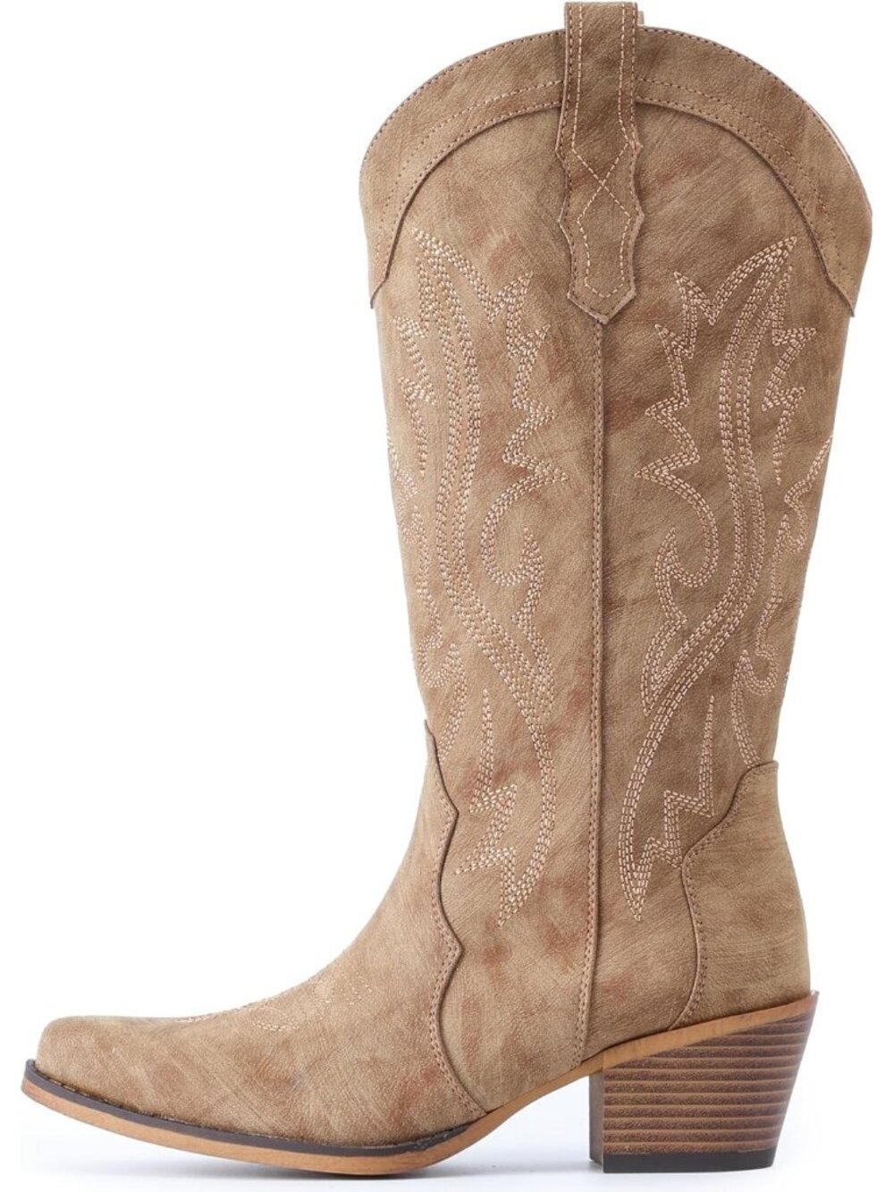 Women's Camel Rubber Mid Calf Embroidered Stitched Pointed Toe Chunky Heel Boots - Picture 5 of 6